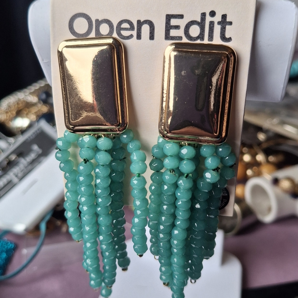 (CLIP ON )Gold and Green Beaded Earrings